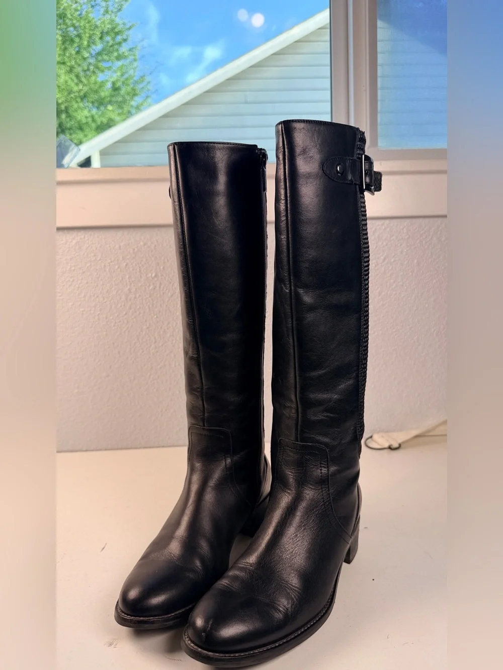 Aquatalia Black Leather Tall Riding Boots Mesh Panel Women Size 6.5 Italy